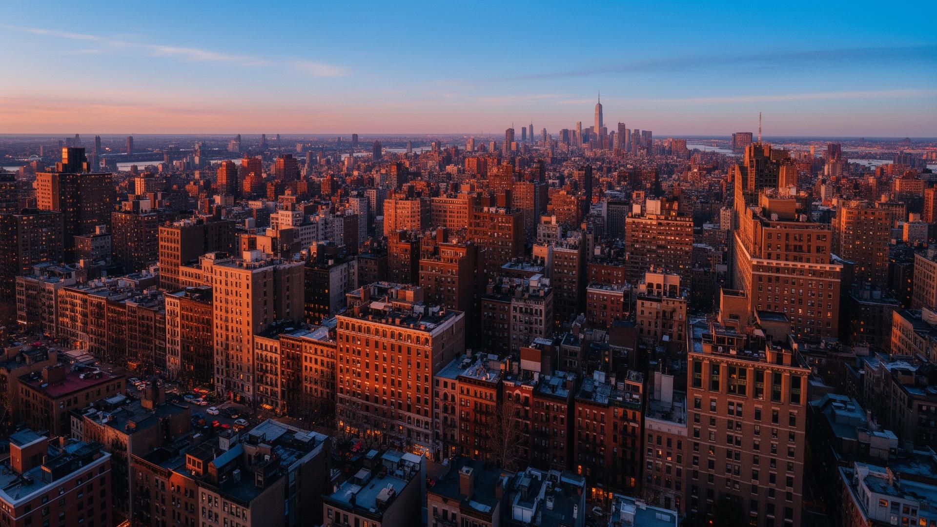 Aerial view of New York City brownstones and apartment buildings at dusk